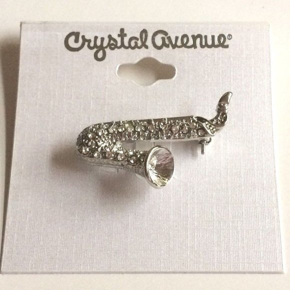 Silver Crystal Saxophone Brooch Pin Sax Jazz Musician Music Teacher Gift Plated - Picture 3 of 7